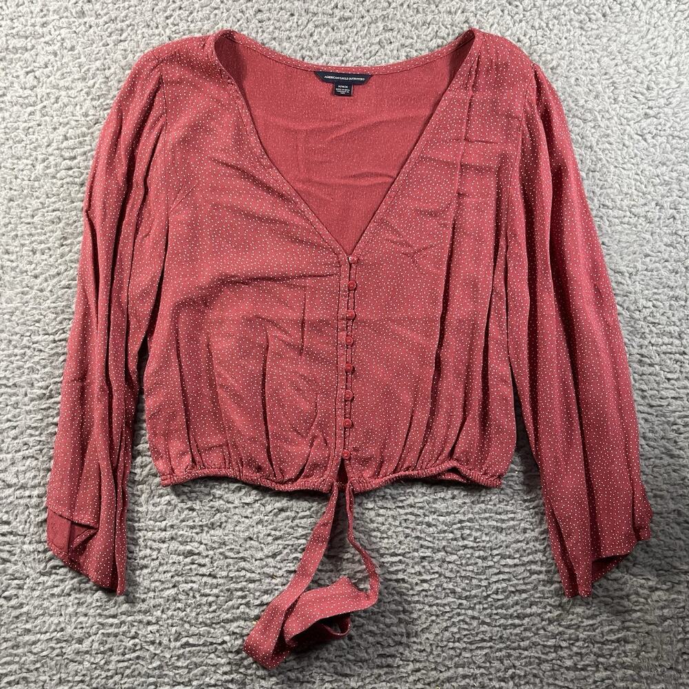 American Eagle Outfitters Red Polka Dot Long Sleeve Tie Front Crop Top Medium M
